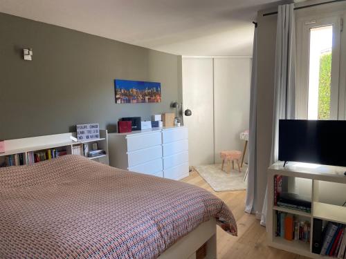une chambre avec un lit et une télévision à écran plat dans l'établissement Superbe villa de plain pied avec piscine et jardin, à Pérols