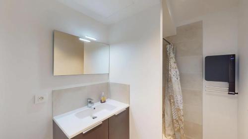 une salle de bain avec un lavabo et un miroir dans l'établissement Hyper centre T3 duplex-terrace, Esquirol, à Toulouse