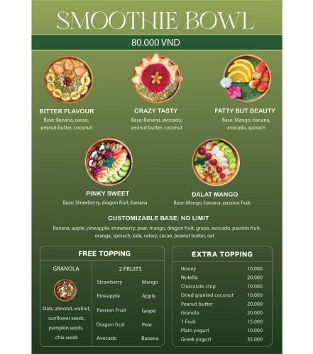 a menu for a smoothie bowl restaurant at Mập's Soul Hostel Đà Lạt in Da Lat
