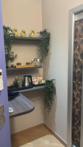 a kitchen with shelves with plants on them at La Piana Hotel in Tito