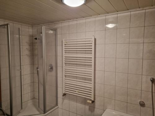 a bathroom with a shower and a toilet and a window at Ferienwohnungen März in Söchtenau