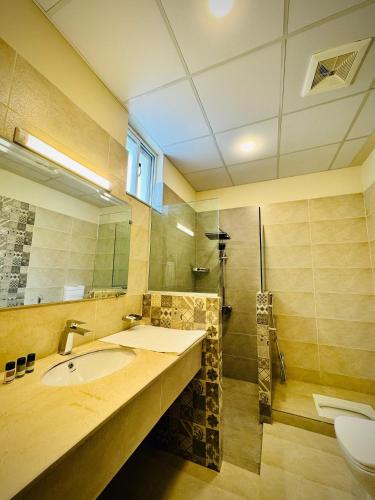 a bathroom with a sink and a mirror at Riviera Resort in Naran
