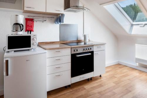 a kitchen with a stove and a microwave at Fewo Cheny 2 mit 36qm in Titisee-Neustadt