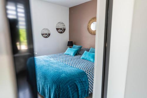 a bedroom with a bed with blue pillows and a mirror at Gîte de la Liberté in Vinay