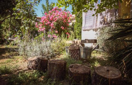 a garden with some logs and pink flowers at La Casa dell'Artista - 3' dal mare in Albinia