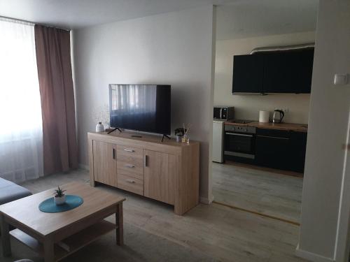 un soggiorno con una TV a schermo piatto su un mobile di Studio IT on Tumo a Plungė
