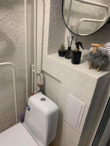 a white bathroom with a toilet and a mirror at Studio IT on Tumo in Plungė