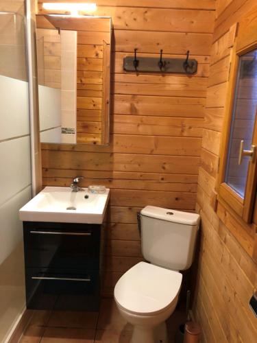une salle de bain avec toilettes et lavabo dans l'établissement la teste de buch chalet 143 ds domaine loisirs, à La Teste-de-Buch