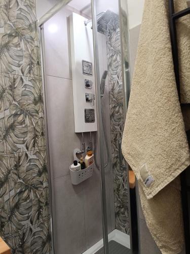 a shower with a glass door next to a towel at lovely vintage apartment climatizzato inalpi in Turin
