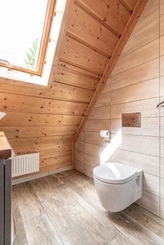 a bathroom with a white toilet in a wooden ceiling at Willa Baciarka-basen, sauny i jacuzzi in Kościelisko