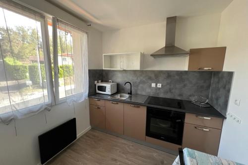 a kitchen with a sink and a microwave at Résidence Dalma appartement 10 in Cazaubon