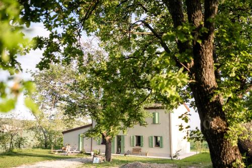 a house with a tree in front of it at Agriturismo Glamping Pettirosso in Fratta Terme
