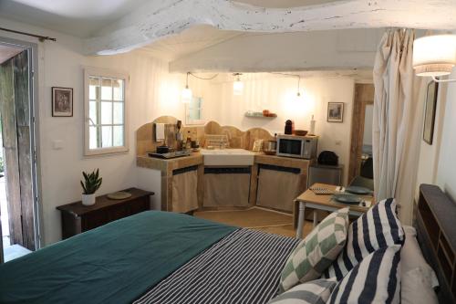 Cette chambre dispose d'une cuisine et d'un lit. dans l'établissement Le tarin des aulnes - Grand gîte Nénuphar, à Lectoure