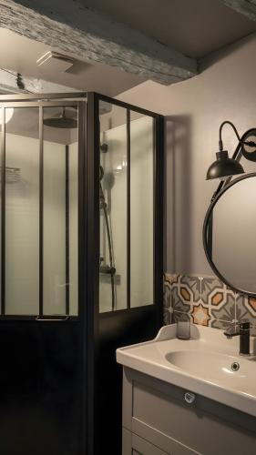 une salle de bain avec un lavabo et un miroir dans l'établissement Domaine Du Turbais, à Luynes