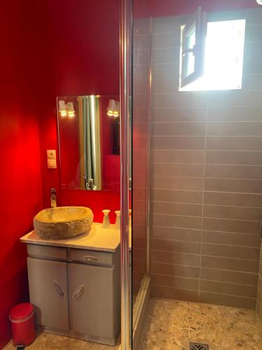 une salle de bain avec un lavabo et une douche dans l'établissement Charmante maison dans le centre d'Olonne sur mer, à Les Sables-dʼOlonne