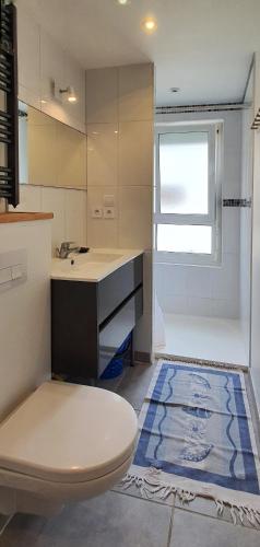 une salle de bain avec toilettes, lavabo et fenêtre dans l'établissement Maison La Passerelle, à Kervoz