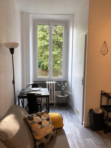 un salon avec un canapé, une table et une fenêtre dans l'établissement Studio 18m2 Le Beau Site en centre-ville, à Aix-les-Bains