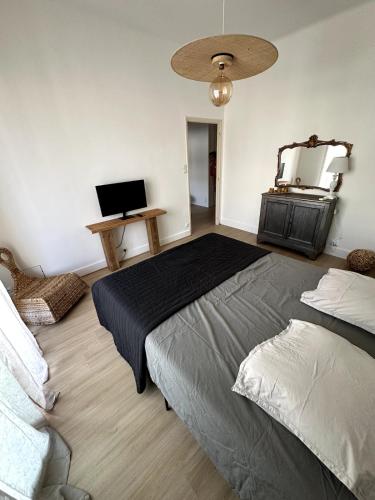 une chambre avec un grand lit et une télévision dans l'établissement Studio Prado near Velodrome, à Marseille