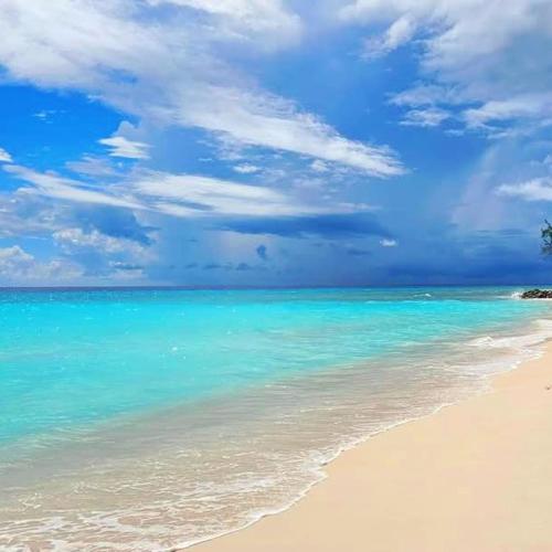 a beach with the ocean and a blue sky and clouds at Blue Horizon Hotel in Bridgetown