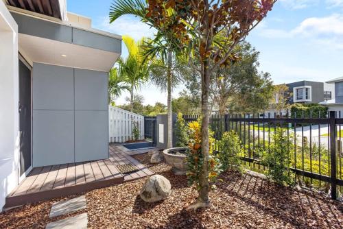a backyard with a fence and a palm tree at Luxury Living with Heated Pool in Birtinya in Kawana Waters