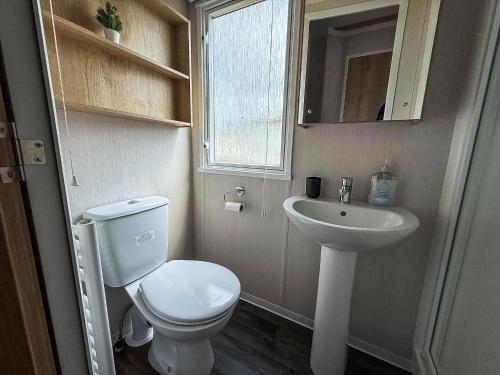 ヘムズビーにあるStunning Caravan With Side Decking Just A Short Walk To Hembsy Beach Ref 00069Baのトイレと洗面台のある小さなバスルーム