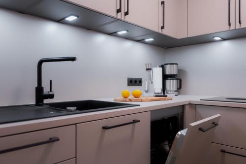 a kitchen with a sink and oranges on the counter at Alpine Apartements Maximilian in Berchtesgaden