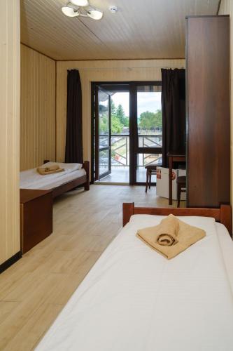 a bedroom with a bed and a balcony at Villa MARINA in Solotvyno