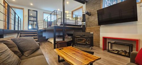 a living room with a couch and a fireplace at Lovely loft on the water, with free parking in Laval