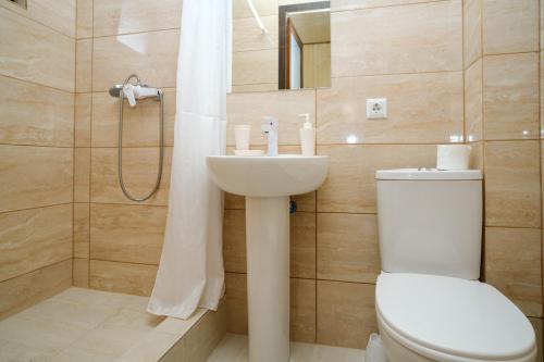 a bathroom with a toilet and a sink and a shower at Villa MARINA in Solotvyno