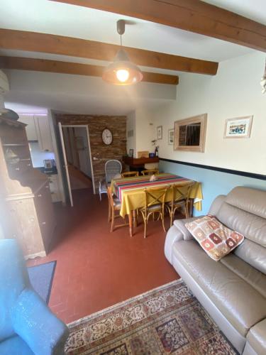 un salon avec un canapé et une table dans l'établissement Maison dans la pinède, à Lacanau