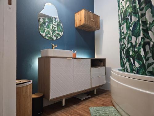 une salle de bain avec un lavabo, des toilettes et un miroir dans l'établissement Chambre 2 Maison Biarritz proche plage, à Biarritz