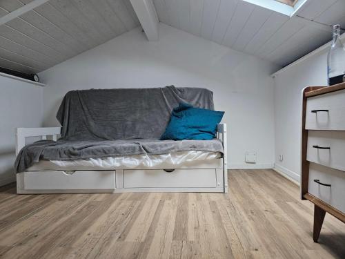 une chambre avec un lit avec des oreillers bleus dessus dans l'établissement Chambre 3 Maison Biarritz proche plage, à Biarritz