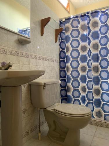 une salle de bain avec toilettes, lavabo et douche dans l'établissement Hotel Posada Kamol Bey, à Panajachel