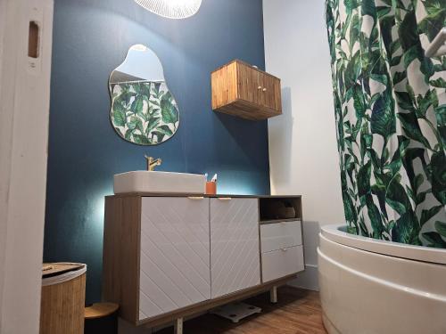une salle de bain avec un lavabo et un miroir et des toilettes dans l'établissement Chambre 3 Maison Biarritz proche plage, à Biarritz