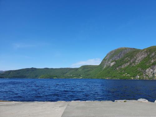 a large body of water with mountains in the background at Feriehus Rodal med Båt in Rodal