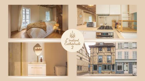 un collage de photos d'une cuisine et d'un appartement dans l'établissement L'Instant Cathédrale 2 - Hypercentre - 2 pers, à Troyes