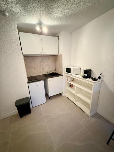 une petite cuisine avec un réfrigérateur et un micro-ondes dans l'établissement Nice studio in Montpellier, à Montpellier