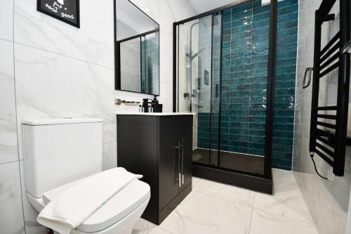 a bathroom with a toilet and a glass shower at Cosy & Bright 1 Bedroom Apartment in Bradford in Bradford