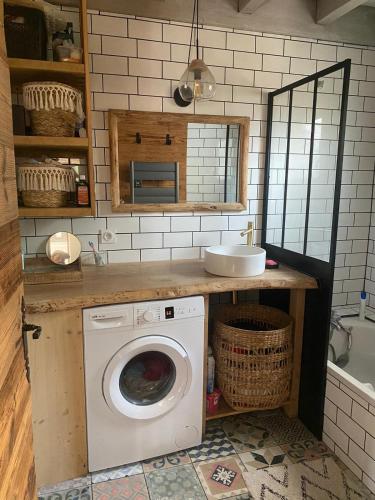 - une buanderie avec un lave-linge et un évier dans l'établissement Maisonnette avec terrasse et jardin, à Doussard