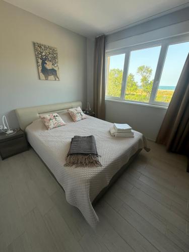 a bedroom with a bed and a large window at NM Residence in Shkorpilovtsi