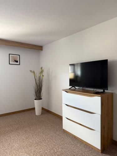 a living room with a flat screen tv on a dresser at Apartamenty Wadowity- Energylandia Zator in Wadowice