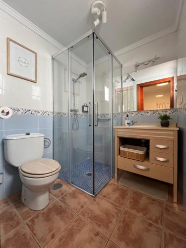 a bathroom with a toilet and a glass shower at Casa Rural Zahara 21 in Zahara de la Sierra