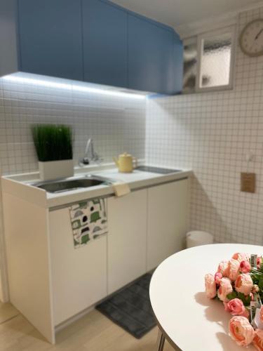 ソウルにあるSinsa Station 2Room North Europe Art galleryのテーブルとシンクのある小さなキッチン