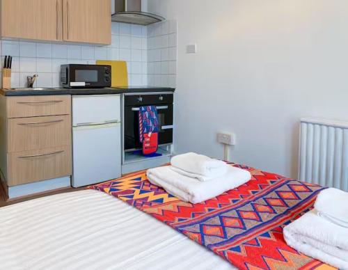 a kitchen with a stove and a rug on the floor at Sleeps2-FreeParking-ContactlessCheckIn-Glastonbury in Glastonbury