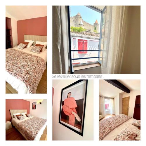 カルカソンヌにあるLa Loge des Rempartsのベッド2台と窓のある部屋の写真のコラージュ