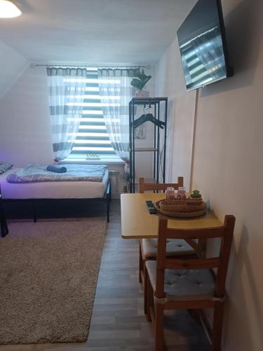 a room with a table and a bed and a window at Privatzimmer Gartenblick in Schnakenbek