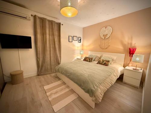une chambre avec un grand lit et une télévision dans l'établissement Magnifique maison 70 m2 Jardin, à Montpellier