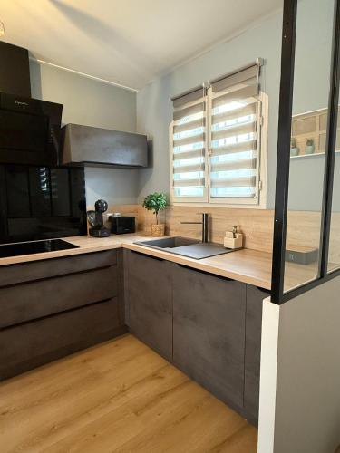 une cuisine avec un évier et un plan de travail dans l'établissement Magnifique maison 70 m2 Jardin, à Montpellier