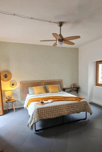 a bedroom with a bed and a ceiling fan at LA CASETTA TRA i LAGHI in Omegna