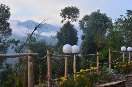 a garden with white lights and a view of mountains at Shivalik Dharohar ,barkot in Sar
